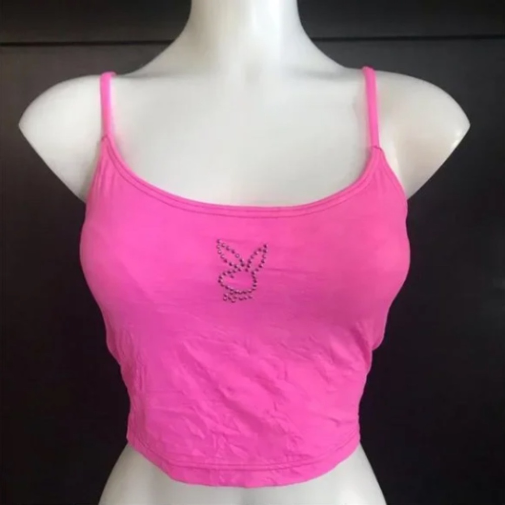 playboy pink studded logo crop tankini swim top